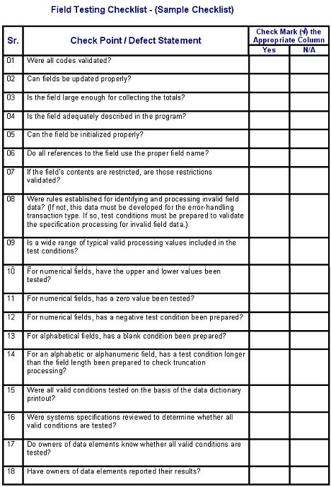  Field Testing Checklist